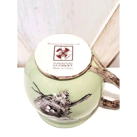 MWW Market Wren Bird Nest Eggs Green Feather Ceramic Mug Branch Handle - Picture 4 of 4